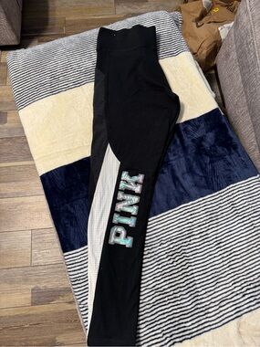 PINK Victoria's Secret Black Bling Leggings with Pastel Tropical Waistband